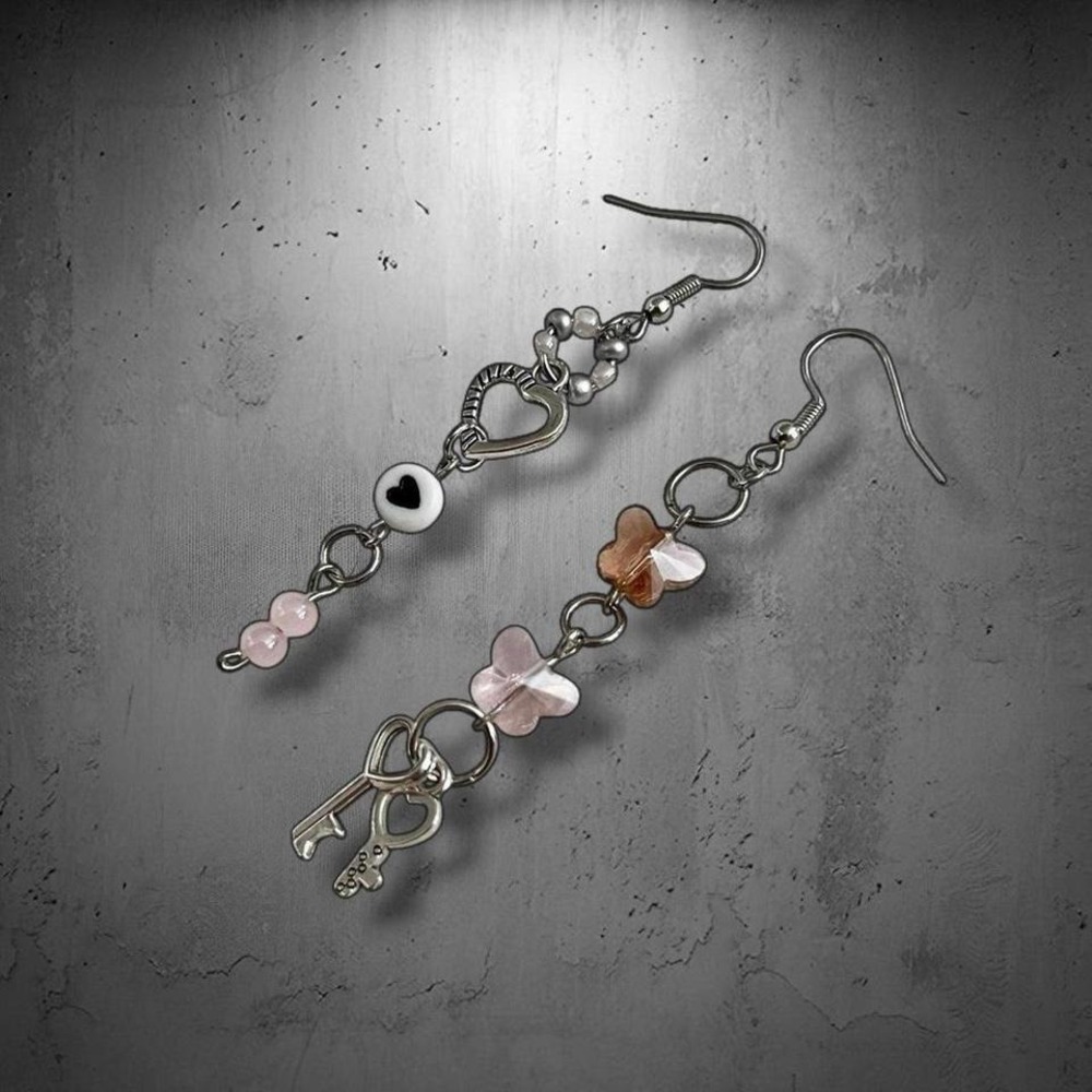Unique silver key asymmetrical dangle earrings